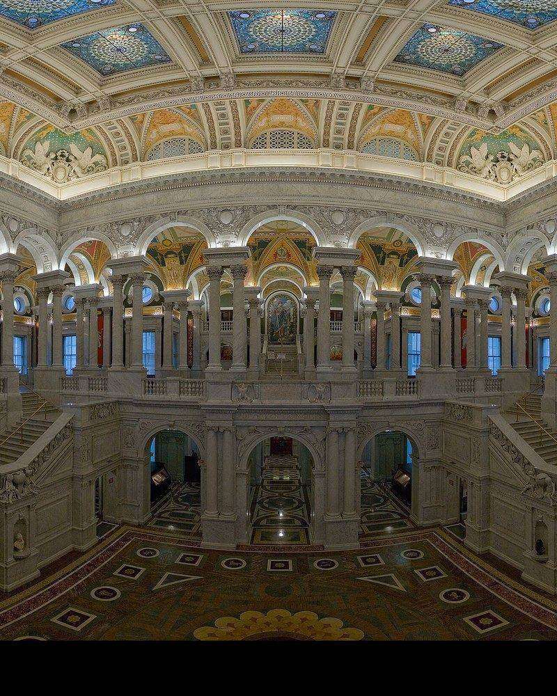 The Great Hall of the Library of Congress with its marble staircases and painted vaulted ceiling