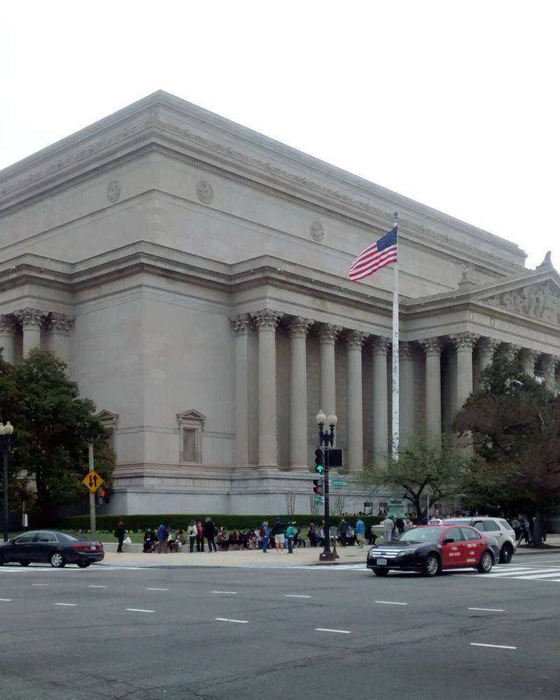 The neoclassical facade of the National Archives Museum in Washington, DC
